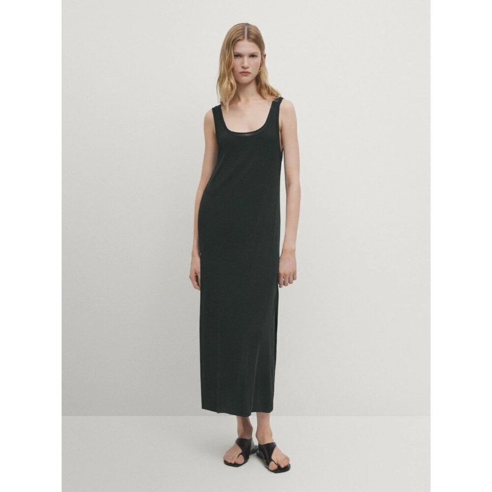 Massimo Dutti Womens Midi Tank Dress S Small Dark Green Round Neck 6621/521 NWT